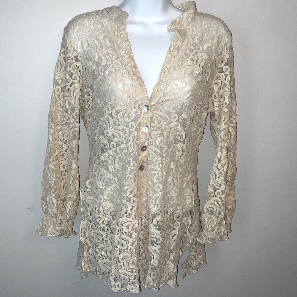 Romantic Long Sleeve Semi-Sheer Lacy Blouse Sz M